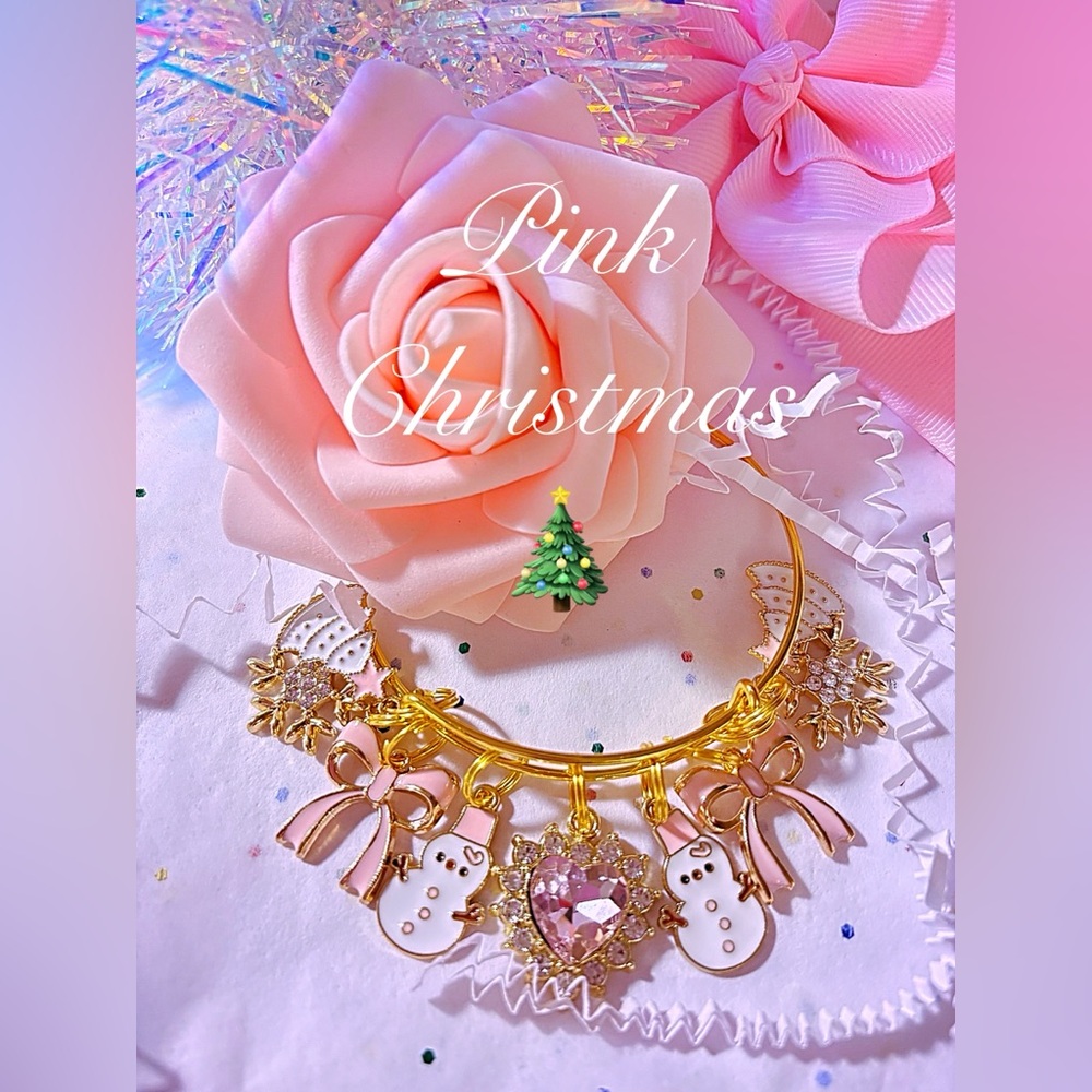 Pink Christmas bangle bracelet/gifts/holiday season/snowmans/pink bows/